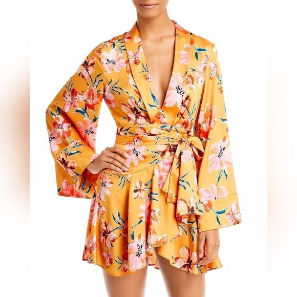 Significant Other Zoe Hibiscus Floral Bouquet Bell Sleeve Wrap Mini‎ Dress 10 - Picture 1 of 6